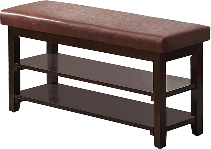 40" Shoe Bench with Leather Cushion, 2-Tier Shoe Rack Entryway Bench, Wood Bench for Front Door Entrance, Mudroom, Hallway, Wooden Shoe Shelves, Shoe Organizer, Shoe Storage, Brown