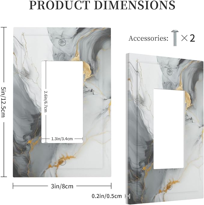 Outlet Covers Gray/Gold Marble Abstract Modern Luxury 1 Gang Wall Plate Single Rocker Light Switch Cover Decorative GFCI Receptacle Electrical Switchplate for Bathroom Bedroom Decor（2 Pack）