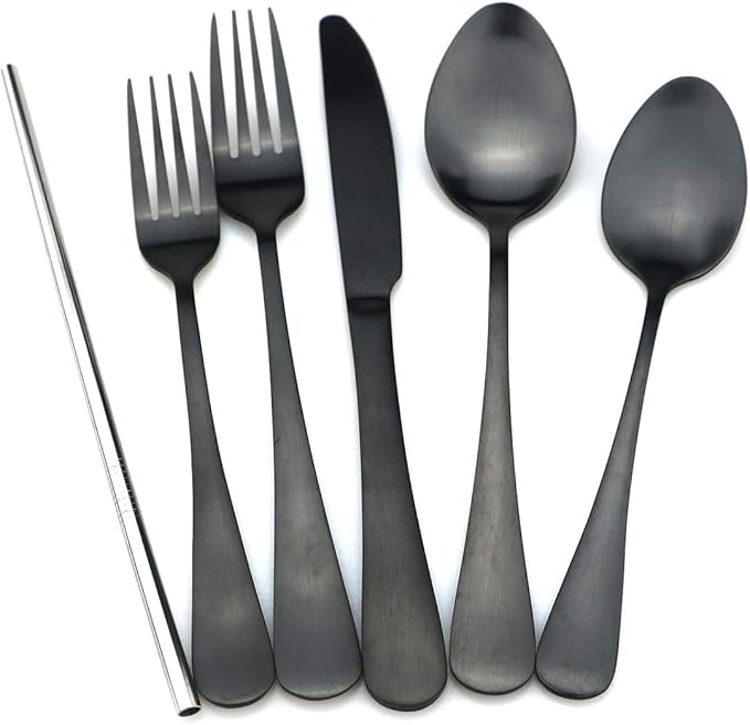 JASHII Modern Royal 5 Pcs Matte Black 18/10 Stainless Steel Utensils Cutlery Dinnerware Set w/Drinking Straw, Knife Fork and Spoon Flatware Set for Wedding Festival Christmas Party Service for 1
