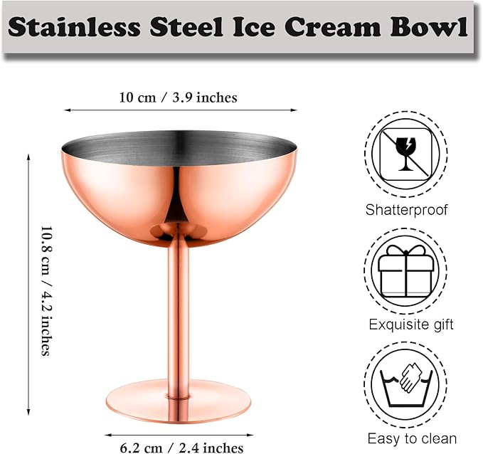 Ice Cream Bowls Stainless Steel Dessert Cups with Spoons Reusable Footed Sundae Cups Ice Cream Cups for Dessert, Frozen Yogurt, Gelato, Birthday Party Decorations (1, Rose glod)