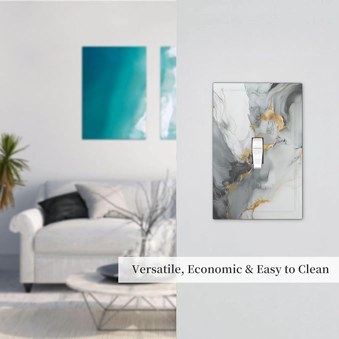 Decorative Light Switch Cover Gray/Gold Marble Abstract Modern Luxury 1 Gang Wall Plate Cover Single Toggle Outlet Covers Switchplate Electrical Faceplate for Bathroom Bedroom Decor（2 Pack）