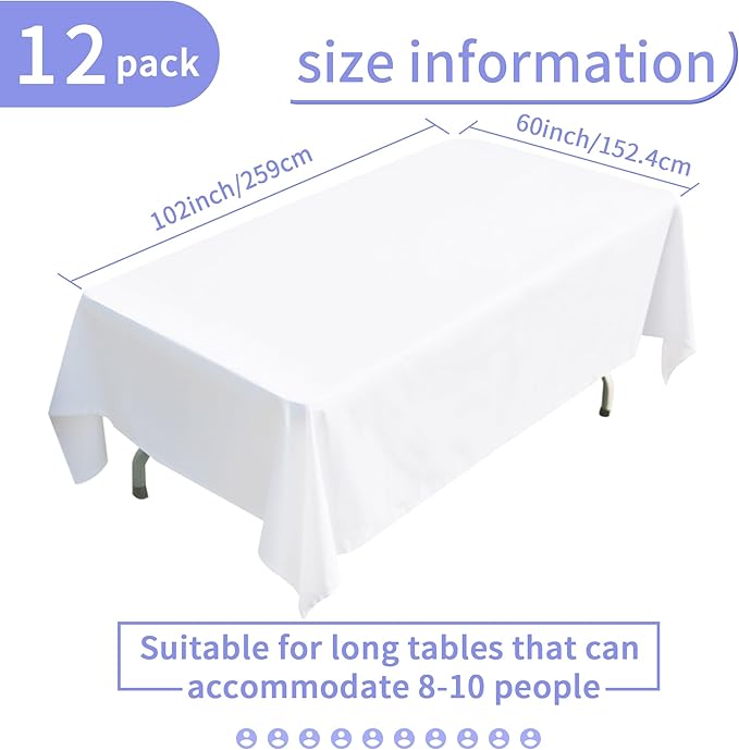 BIGTONE 12 Pack White Rectangle Tablecloth 60 x 102 Inch, Cross Ribbon Packing Reusable Table Clothes for 6 Foot Tables, Wrinkle Resistant Polyester Fabric Table Cover for Wedding, Party, Banquet