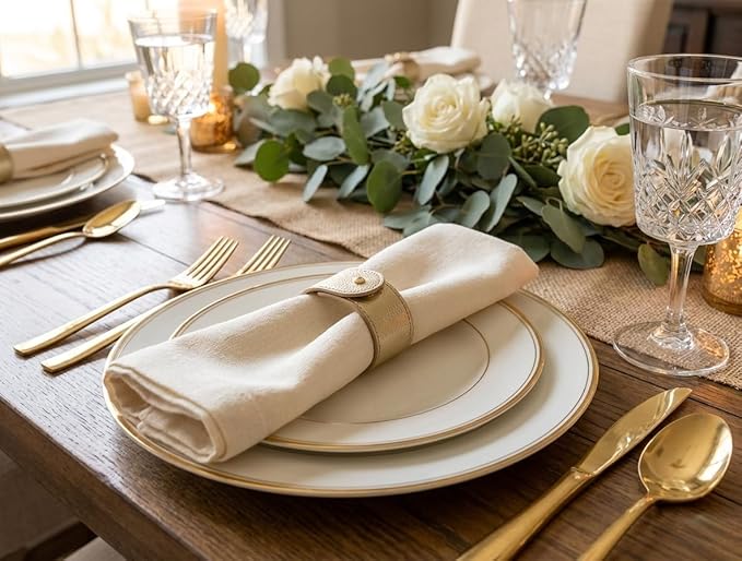 Luxury Leather Napkin Rings Set of 8, Gold, Morgan Faux Style, Modern Cuff Design for Wedding Party Decorations, Kitchen, Holiday Table,Rust Proof,Hotel, Home, Table Accessories, Dining