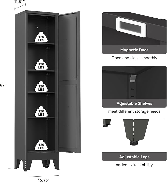 Narrow Metal Cabinet with 4 Adjustable Shelves and Barn Doors,Tall Bathroom Storage Cabinet, Metal Pantry Organizer for Kitchen,Home Office, Dining Room,Black
