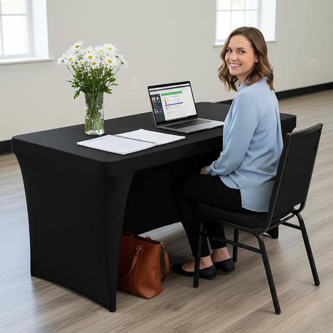 Nasitos 4 Pack Fitted Black Table Cloth 6 Foot-Open Back Spandex Table Covers 6ft Rectangle Table, Washable and Wrinkle Resistant Stretch Trade Show Table Cover for Patio, Parties, Banquet, Festival
