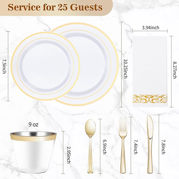 BESTVIP 175 PCS Gold Dinnerware Set for 25 Guests, Plastic Dinnerware Set for Party, Wedding, Christmas, Include: 50 Plastic Plates, 25 Gold Silverware, 25 Cups, 25 Paper Napkins