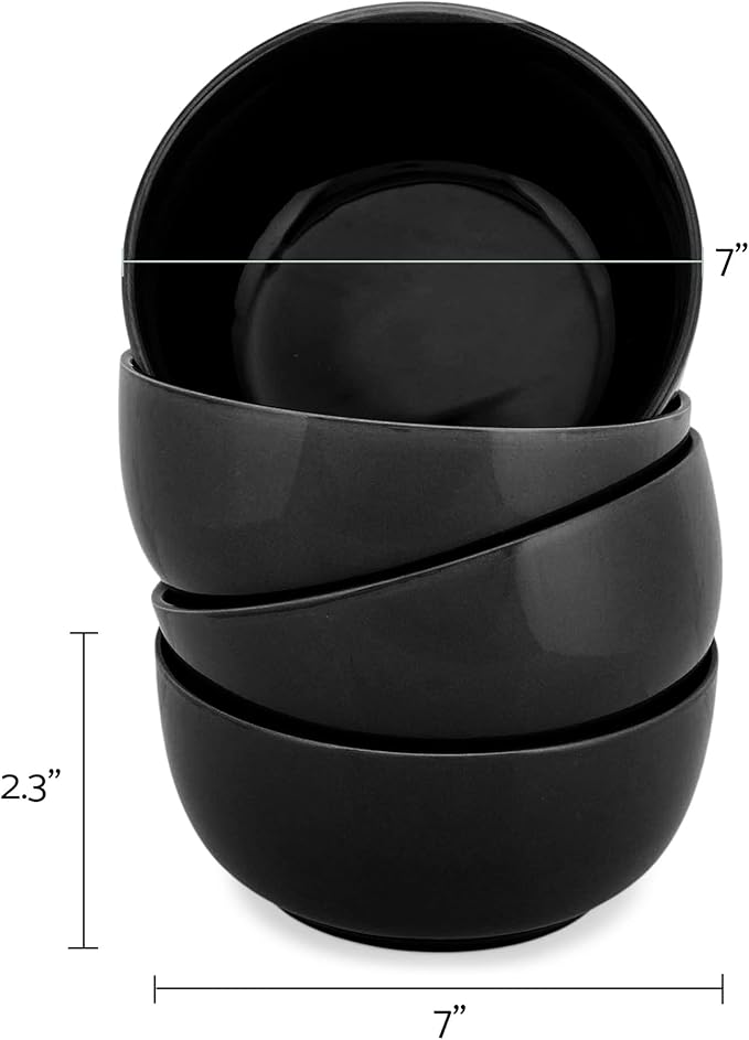Elanze Designs Bistro Glossy Ceramic 7 inch Dinnerware Bowls Set of 4 - Perfect for Everyday uses from Pasta to Salad, Cereal to Ice cream, Ramen to Pho, Black