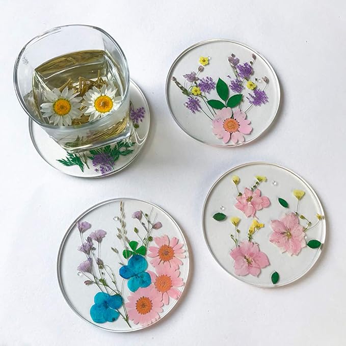 Drink Coasters Flower Cup Mat-Epoxy Resin Coasters with Colorful Natural Floral Reusable Round Kitchen Utensils for Dining Cups (Set of 4) (4, BD0001)
