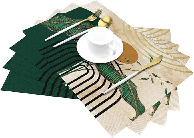 Abstract Emerald Placemats Minimalist Modern Contemporary Aesthetic Vintage Arch Neutral Washable Place Mats 12x18Inch for Dining Kitchen Farmhouse Decor 4 PCS