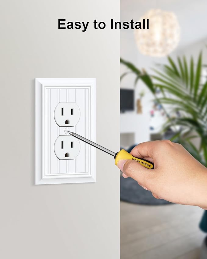 6-Pack Classic Beadboard Duplex Outlet Cover Plate, Decorative Switch Plates and Outlet Covers, Natural Bamboo Fiber Wall Plates for Electrical Outlets, 1 Gang Receptacle Cover,Pure White