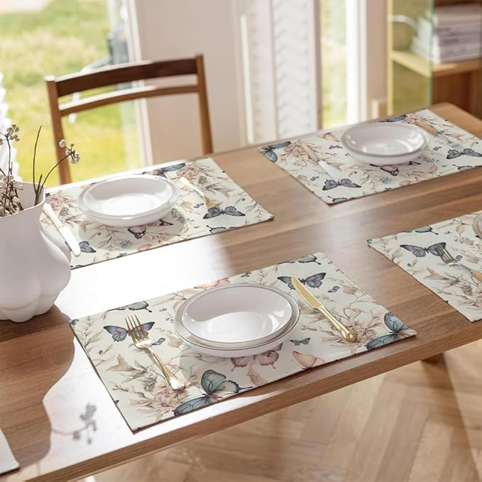12"x18" Fairy Butterfly Pink Pale White Yellow Placemats Set of 4 Washable Thick Place Mats Kitchen Table Mats Decorative Linen Fabric Table Mat for Dining Table Kitchen Home Decor
