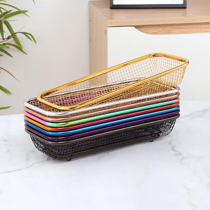Kitchen Drawer Organizer, Stainless Steel Storage Container Metal Cabinet Storage Basket for Holding Silverware Kitchen Utensil, Pack of 2, Purple