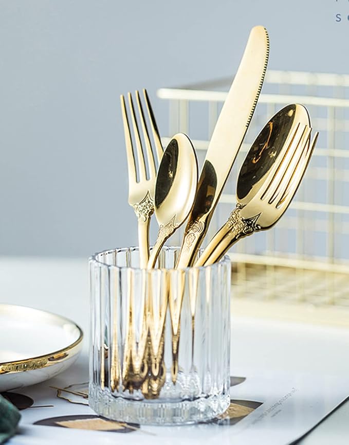 Gold Silverware Set for 12 Premium 18/10 Stainless Steel Flatware Set Palace Style 60 Piece Cutlery Tableware Utensils Embossed Decorative Handle Knives Forks and Spoons for Home Christmas Wedding