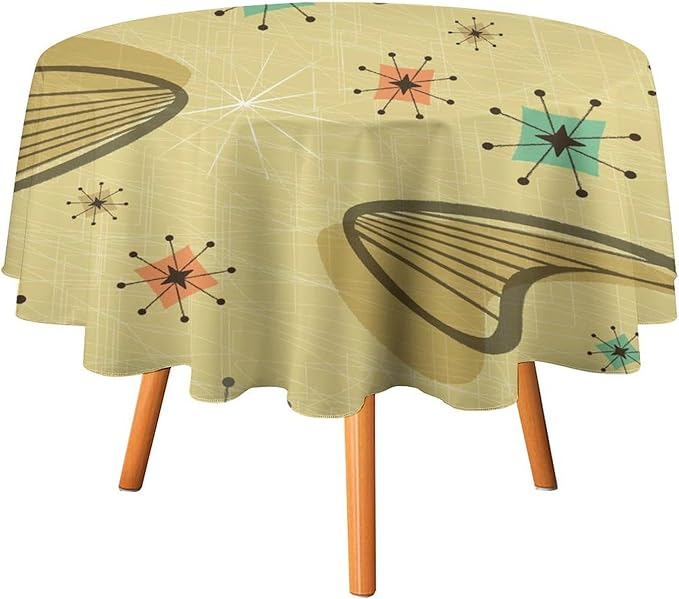 Mid Century Round Tablecloth, Retro Abstract Atomic Boho Geometric Art Printed Tablecloth for Home Party Dining Room Kitchen Decor 70Inch(178cm)