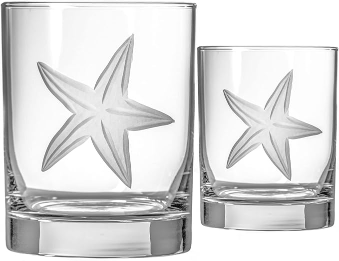 Rolf Glass Starfish Double Old Fashioned Glass | 13oz Lead-Free Glass Tumbler | Set of 2 | Etched Whiskey Tumbler Glasses | Proudly Made in the USA (Set of 2)