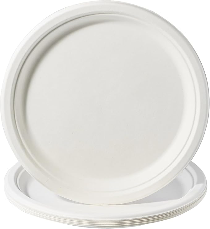 CIAO! 10" Heavy Duty Plate 100% Compostable PFAS Free Unbleached Bagasse Natural White (Pack of 500)