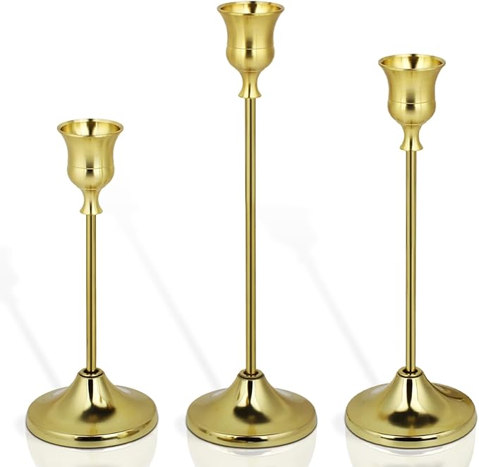 3PCS Candlestick Holders, Brass Gold Taper Candle Holders, Metal Vintage Candle Stick Holders for Table and Mantel Decorations, Home Decor Centerpieces for Dinning, Wedding and Party