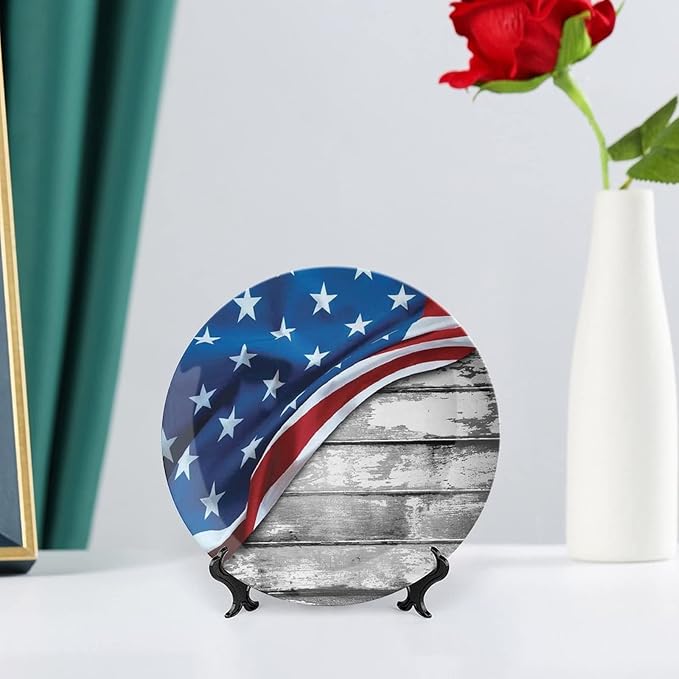 Ceramic Display Plate, American Flag Decor Ceramic Hanging Decorative Plate, Flag Over Antique Rustic Rippled Board, 10 Inch, Living Room Kitchen Decoration Household, Grey Navy