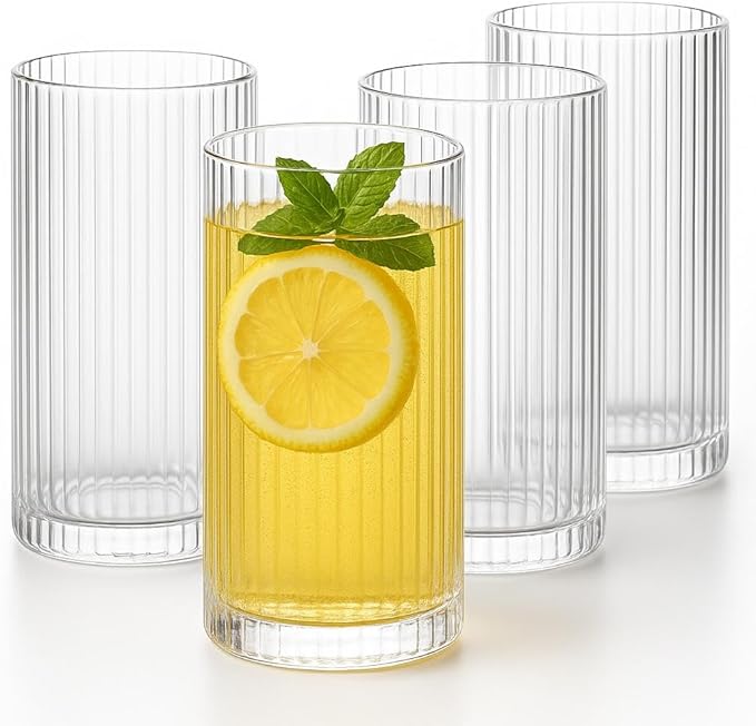 Glass Cups Vintage Glassware Set of 4 Large, Origami Style Transparent Cocktail Glasses Set, Bar Beverages Ice Coffee Cup Juice Ripple Drinkware, Fluted Design