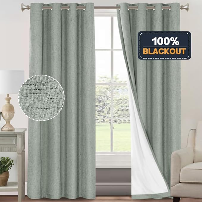 PrinceDeco Linen 100% Blackout Curtains 84 Inches Length 2 Panels Set Grommet Curtains for Living Room Bedroom Thermal Insulated and Room Darkening Linen Curtains with White Liner,Green Bay,W42 X L84