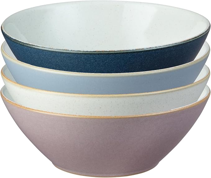 Denby - Impression Mixed Color Cereal Bowls Set of 4-18.6oz Dishwasher Microwave Safe - Scratch Chip Resistant - Modern Angular Shape - Tableware for Nibbles, Dips, Side Dishes, Cereal & Desserts