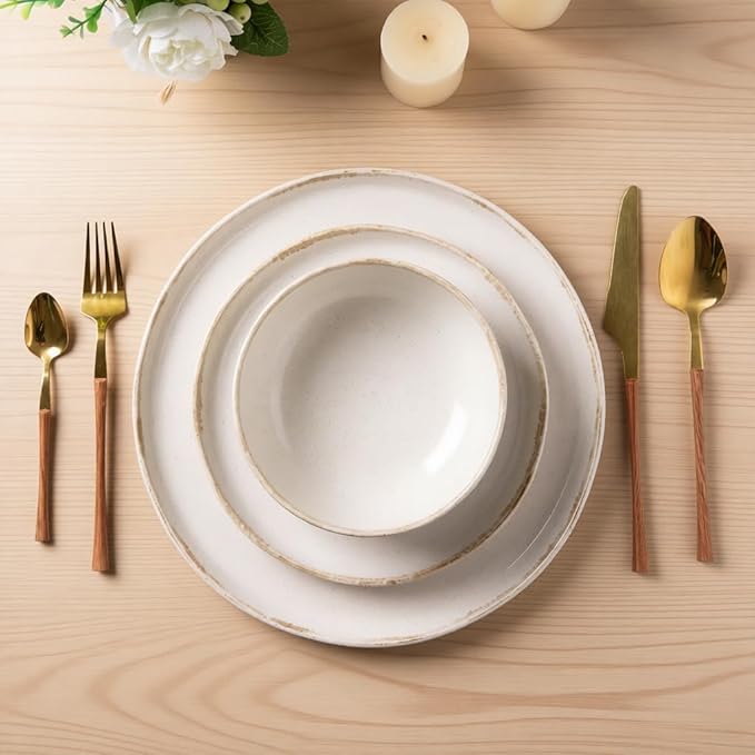 AmorArc Ceramic Dinnerware Sets, Wavy Rim Stoneware Plates and Bowls Sets, Highly Scratch Resistant | Dishwasher & Microwave Dishes set, Service for 8 (24pc)-Speckled Cappuccino