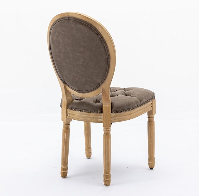Ball & Cast French Vintage Upholstered Dining Chairs Set of 2, Button Tufted Kitchen Side-Chairs with Carved Antique Wood Frame & Nailhead Trims, PU-Leather Curved Backrest Louis Chair, PU Brown