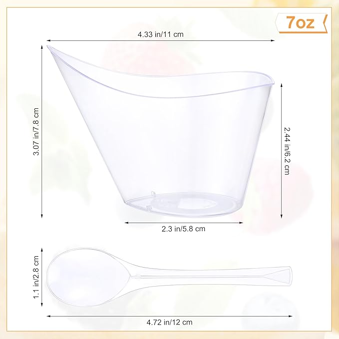 100 Pack Clear Plastic Dessert Cups with Tasting Spoons, Appetizer Cups Yogurt Parfait Bowls with Spoons for Party Supplies Catering Chocolate Desserts Buffet Food Display (7 oz)