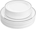 Aya's 60 Silver Rimmed Plastic Plates for Party, Heavy Duty Disposable Plate Set of 30 Dinner and 30 Dessert Plates for Weddings and Special Events, Fancy Disposable Tableware