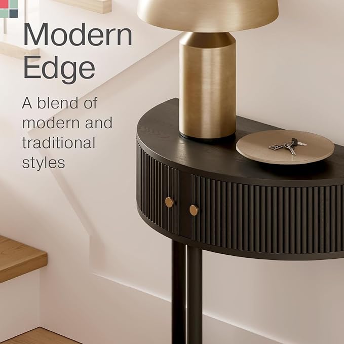 Entryway Table Fluted Half Moon Console - Semicircular, Black Oak Veneer - Hidden Storage with Two Fluted Doors & Brass Knobs - Modern Narrow Console Table for Living Room & Hallway