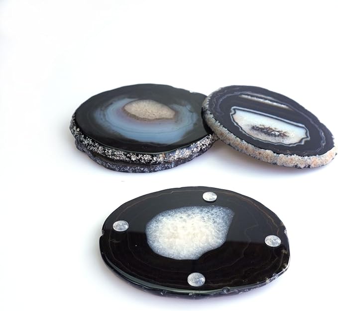 Black Agate Slices Geode Coasters Set of 4 with Rubber Bumpers - Unique 4-5 Inch Dyed Stone Drink Crystal Coasters Bulk for Home Decor, Coffee Table, Bar Accessories