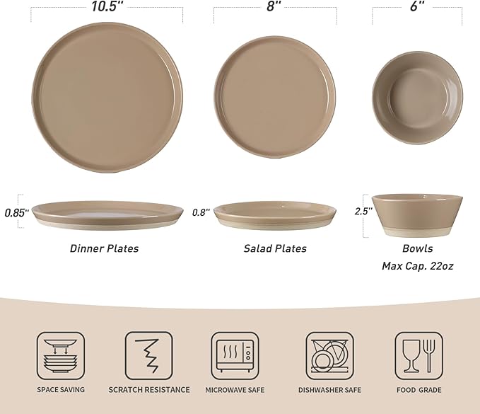 Famiware Saturn Dinnerware Sets for 4, 12 Pieces Stoneware Plates and Bowls Dish Set - Chip and Scratch Resistant, Microwave and Dishwasher Safe Tableware, Cinnamon Brown