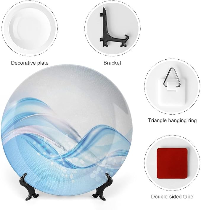 Ceramic Display Plate, Abstract Ceramic Hanging Decorative Plate, Modern Wavy Ocean Surfer Summertime Themed, 10 Inch, Living Room Kitchen Decoration Household, Pale Blue and White