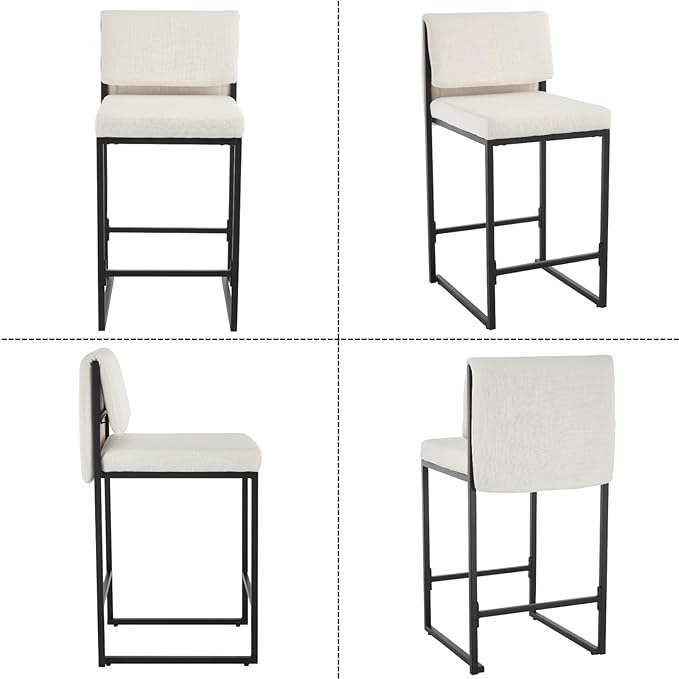 Modern Barstools Set of 4, 26” Upholstered Counter Height Bar Stools Sherpa Fabric Counter Stools with Padded Back Metal Frame for Kitchen Island Dining Room, White