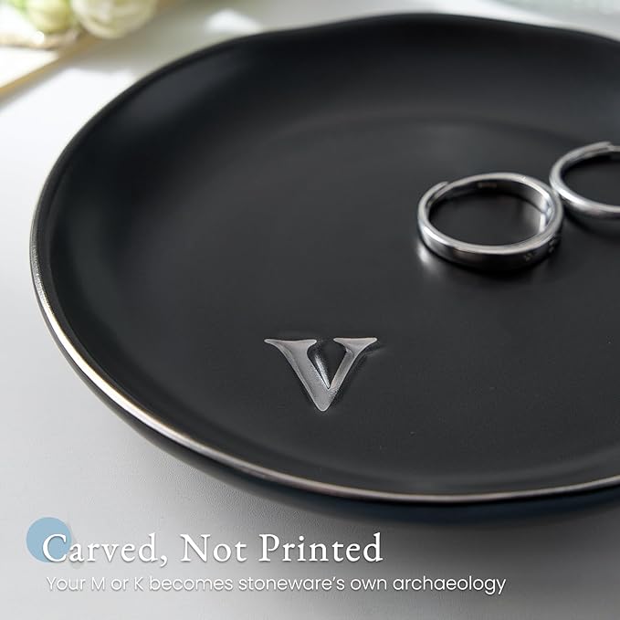 Lolalet Handmade Ceramic Ring Dish Jewelry Tray Plate with Initial, Small Monogram Gift for Her Women Girls Mother, Hostess, Engagement, Bridal Shower, Maid of Honor, Bridesmaid, Birthday, Christmas