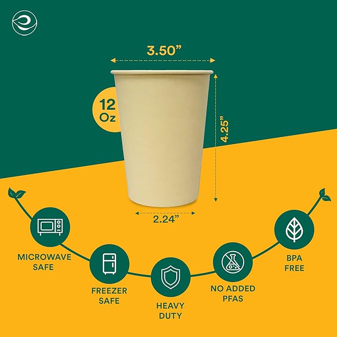 ECO SOUL 50 Pack 12 oz Disposable Coffee Cups Eco-Friendly, Biodegradable, Compostable, Leak-free & Sturdy To Go Hot Drink Travel Bagasse Cup for Tea, Chocolate, Party, Picnic & Cafe, Office & Home