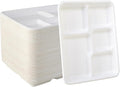 Vplus 100% Compostable 5 Compartment Plates 125 Pack Eco-Friendly Disposable Sugarcane 10 x 8 inch Bagasse School Lunch Tray Perfect for Boys and Girls