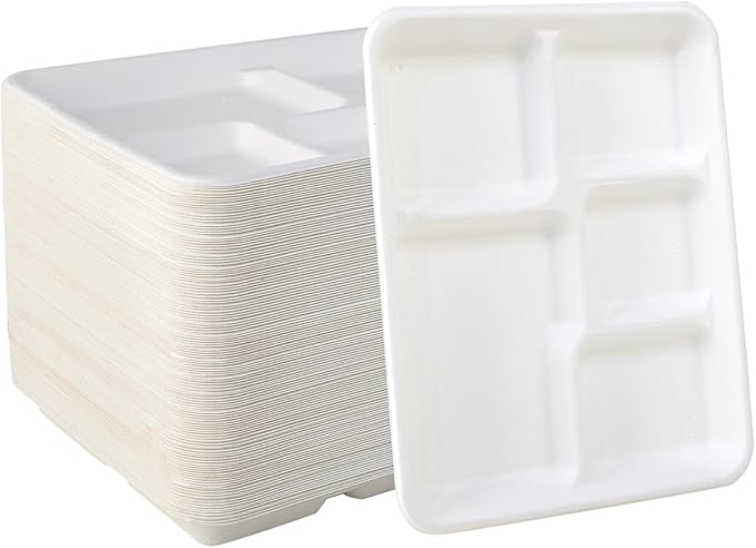 Vplus 100% Compostable 5 Compartment Plates 125 Pack Eco-Friendly Disposable Sugarcane 10 x 8 inch Bagasse School Lunch Tray Perfect for Boys and Girls