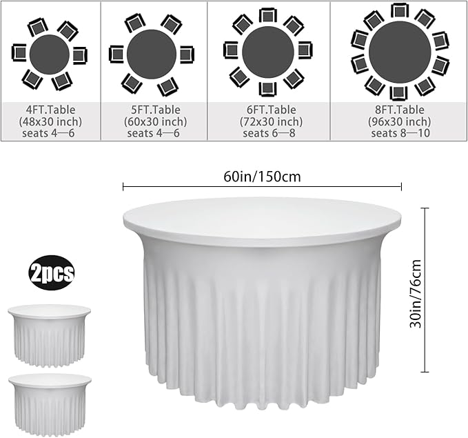 2 Pack White Round Table Skirt, 60 Inch Diameter x 30 Inch Height, Stretch Polyester Spandex Tablecloth for 5ft Round Tables, Stain & Wrinkle Resistant for Wedding, Banquet Decor
