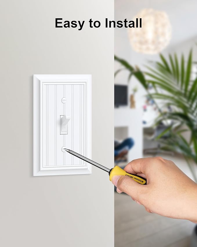2-Pack Classic Beadboard Single Toggle Light Switch Cover Plate, Durable Natural Bamboo Fiber Decorative Switch Plate Covers, Pure White 1 Gang Wall Plate