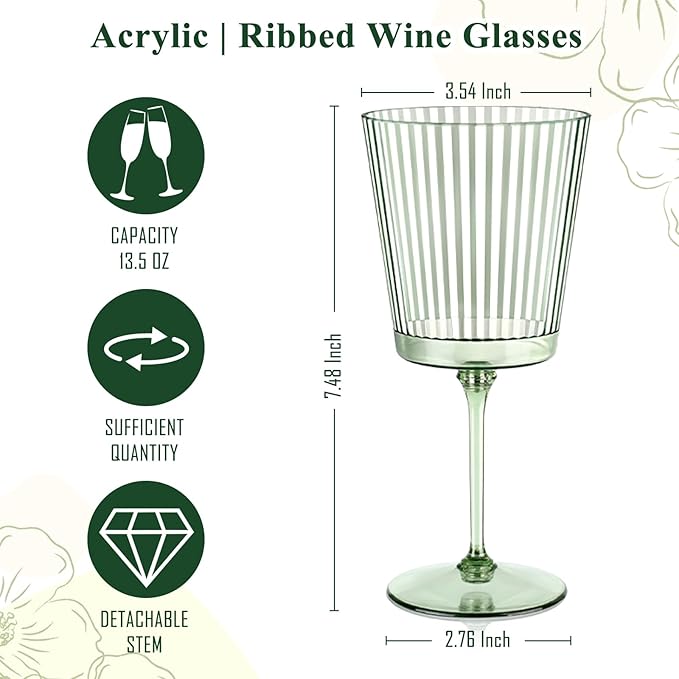 24 PCS Green Plastic Wine Glasses with Removable Stems 13.5 Oz Ribbed Wine Glasses Square White Wine Glass Muted Pastel Colors Goblets Elegant Fluted Glassware for Wedding Anniversary Birthday