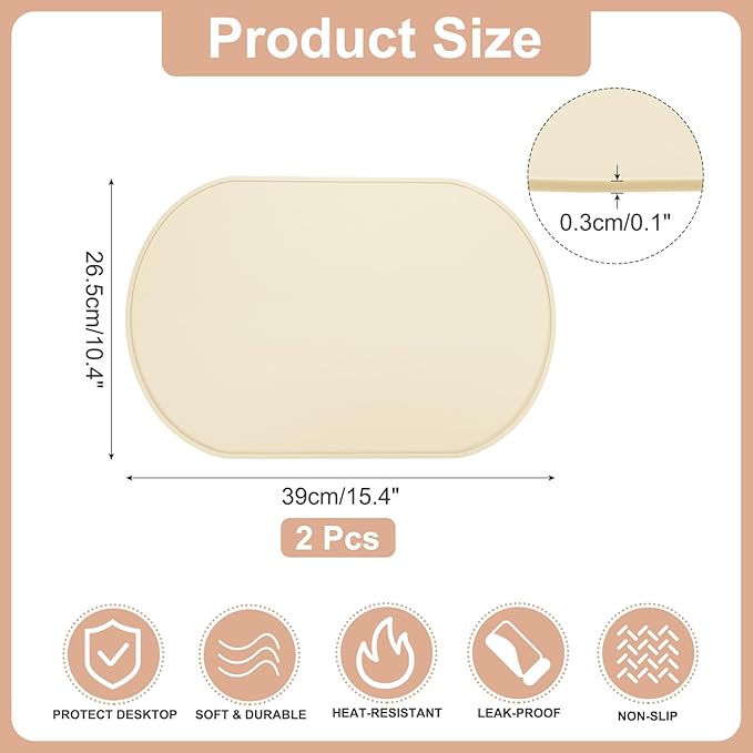 uxcell 2 Pcs Oval Silicone Placemat, 15.4" x 10.4" Non-Slip Washable Table Placemats Heat Resistant Waterproof Mat with High Edge for Table Kitchen Desk Protection, White