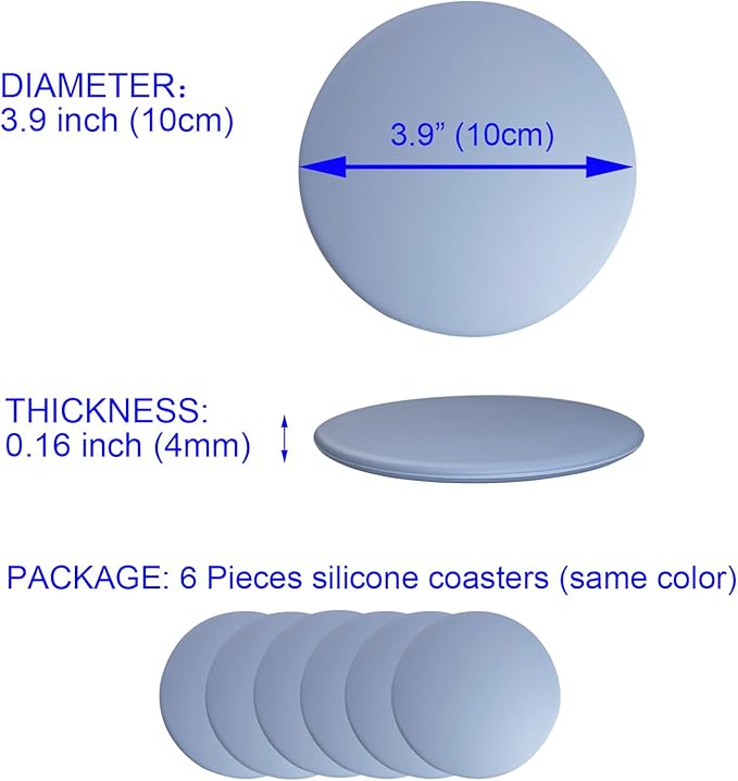 6 Pieces Silicone Coasters, Round Shape Hot Cup Mat for Drinks, Heat Resistant Glass Cushion, Coffee Coaster for Table, Desk, Kitchen, Office, Bar Protection (Blue)