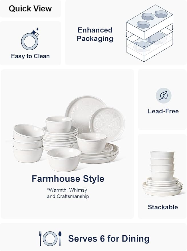 LE TAUCI Ceramic Plates and Bowls Set for 6, 18-Piece Ceramic Dinnerware Set, Farmhouse Dishes Set, Microwave & Dishwasher Safe, Stackable, 10" Dinner+8" Salad Plates+6" Bowls, White