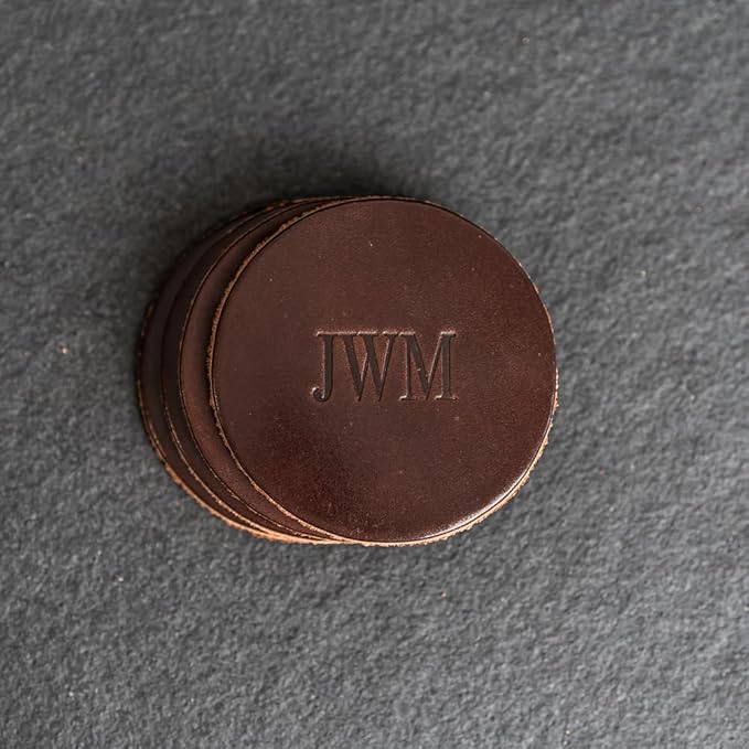 Ox & Pine Personalized Leather Coaster - Sold Individually or in Sets of 4 - Customize Inscription - 100% Full-Grain Leather – 4" Round or 4" Square (Round, Sienna, Set of 4 Coasters)