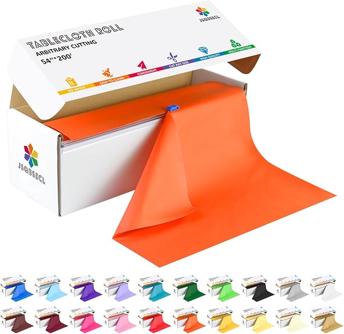 54 Inch X 200 Feet Plastic Table Cover Roll with Convenient Slide Cutter, Disposable Plastic Table Cloth Roll with Cut-to-Size Design for Weddings, Banquets, Parties (Orange)