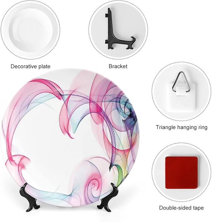 Decorative Plates, Abstract Decor Print Ornament, Colorful Smock Artwork Futuristic Decor, 10 Inch, 1 Plate with 1 Display Stand, Multy