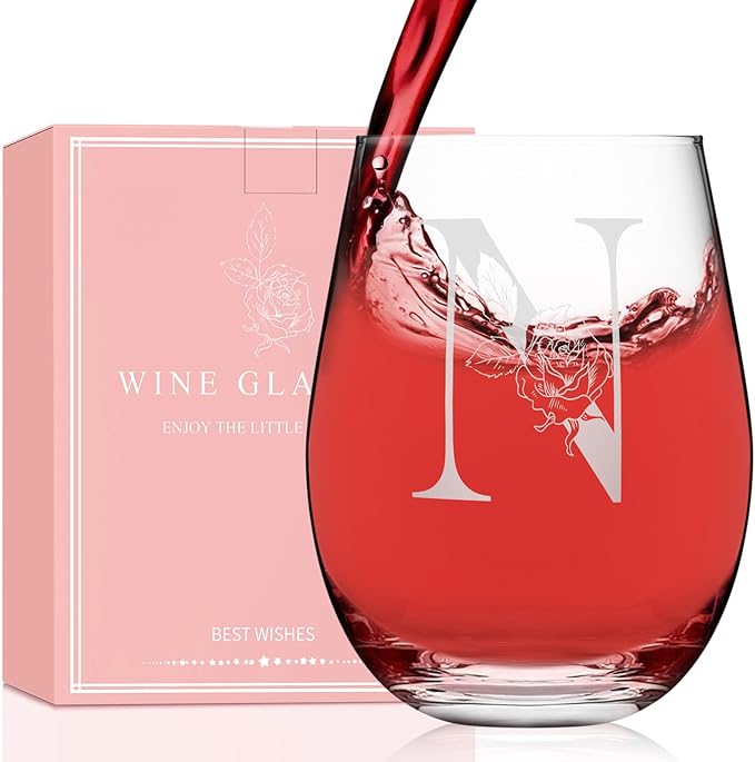 Valentines Day Gifts for Her, Gifts for Women Her Friend Mom Grandma Wife Sister Bridesmaid Nurse, Birthday Galentines Mothers Day Christmas, Personalized Initial Customized Wine Glasses 18OZ(N)