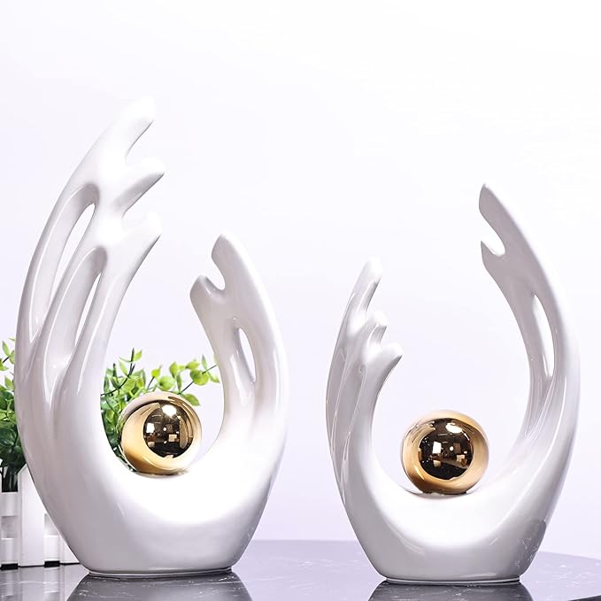 12" H White Gold Aesthetic Room Decor Accent, TV Stand Funky Table Centerpiece, Abstract Art Ceramic Statue and Sculpture, White Decor for Living Room, Bookshelf Decorative Objects, Shelf Decor