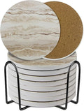 Ceramic Coasters Set of 6, Marble-Textured Design with Holder - Absorbent Cork-Backed Coasters for Cups, Bar & Coffee Table Decor Accessories (Khaki Marble, 8 Pack)